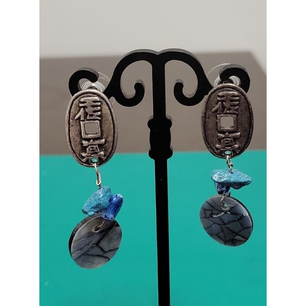 Chico's Pierced Earrings Silver tone Dangle Asian Style Faux Turquoise Abalone